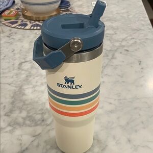 Stanley Cream Travel Tumbler with Blue Lid and Multicolor Stripes 30oz